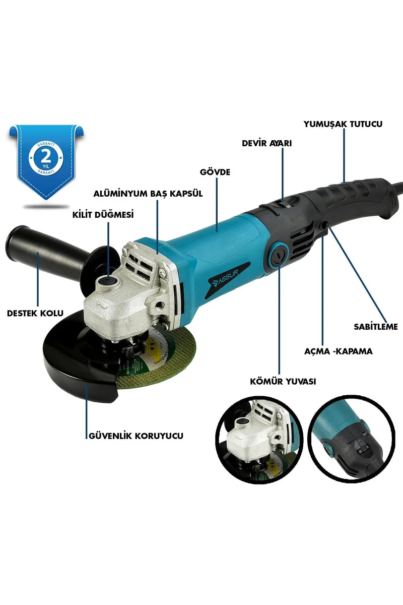 Assur 1200W Avuç Taşlama Makinesi 125mm 6 Kademeli Uzun Kuyruk - Görsel 2