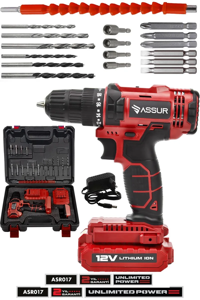 ASSUR 12V 10mm Mandren 20 Nm Tork Metal Şanzıman Çift Akülü Bakır Sargı Akülü Vidalama Matkap