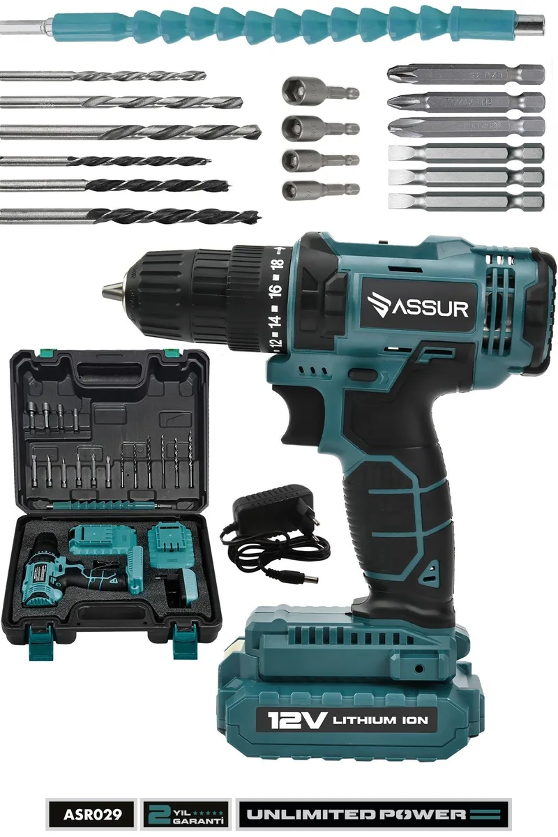 ASSUR 12V 10mm Mandren 25 Nm Tork Çift Akülü Metal Şanzıman Bakır Sargı Matkap Akülü Vidalama