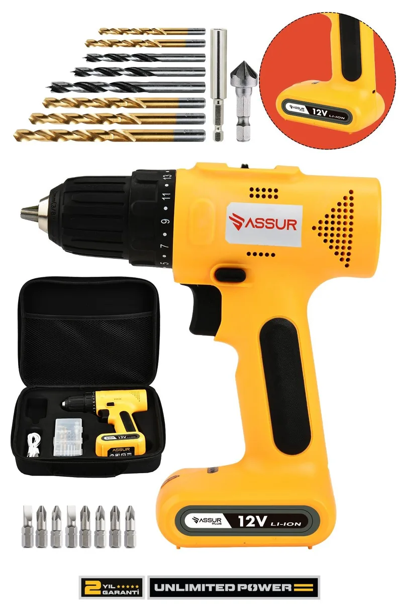 ASSUR 12V 10mm Mandren 25 Nm Tork USB Şarjlı Matkap Vidalama Dahili Batarya
