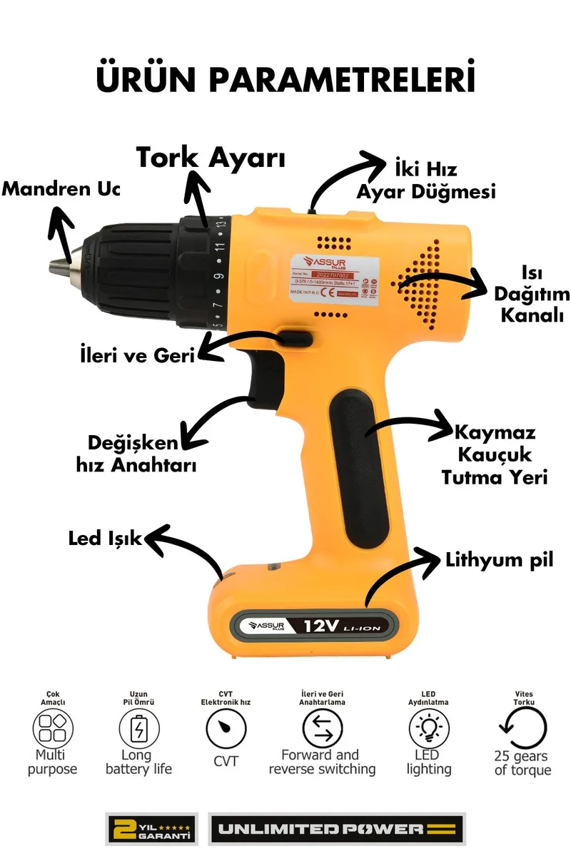 ASSUR 12V 10mm Mandren 25 Nm Tork USB Şarjlı Matkap Vidalama Dahili Batarya - Görsel 2