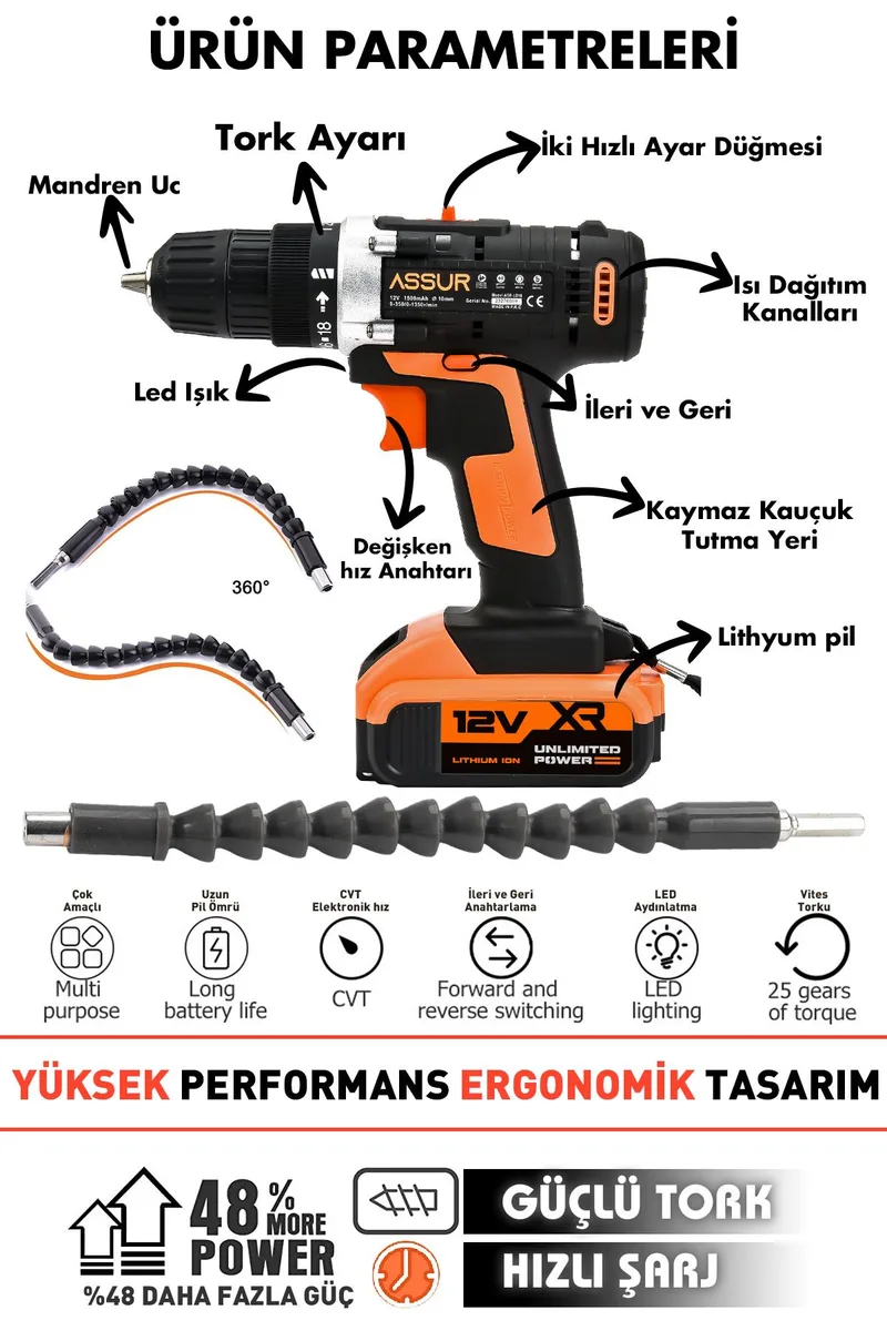 ASSUR 12V 10mm Mandren Çelik Şanzıman Bakır Sargılı Çift Akülü Matkap Vidalama - Görsel 2