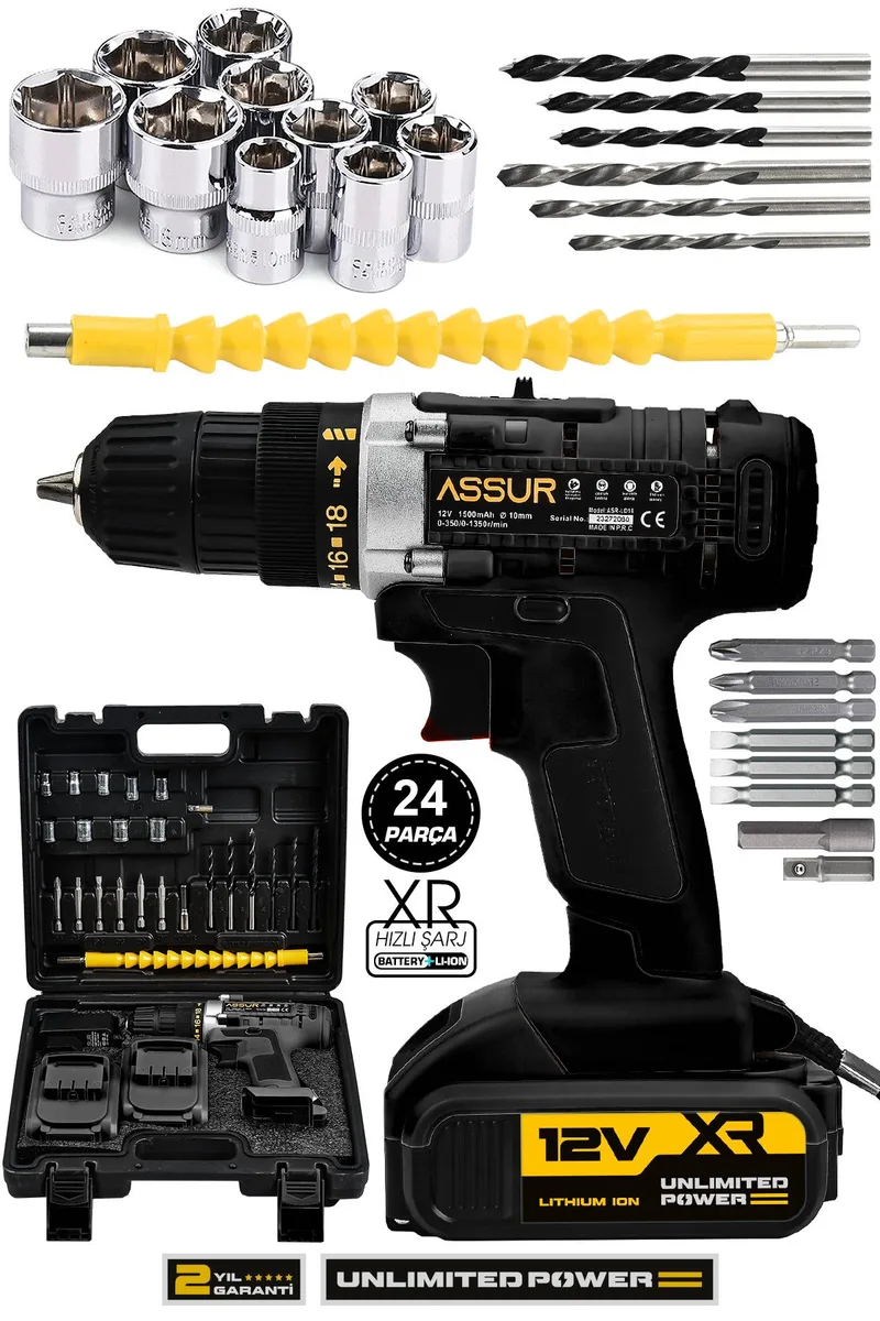 ASSUR 12V 10mm Mandren Çelik Şanzıman Bakır Sargılı Çift Akülü Matkap Vidalama - Görsel 7