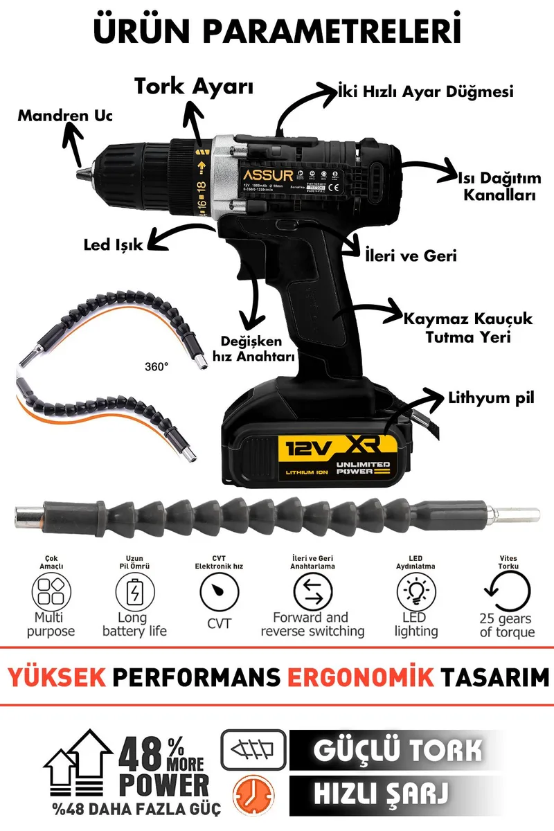 ASSUR 12V 10mm Mandren Çelik Şanzıman Bakır Sargılı Çift Akülü Matkap Vidalama - Görsel 8