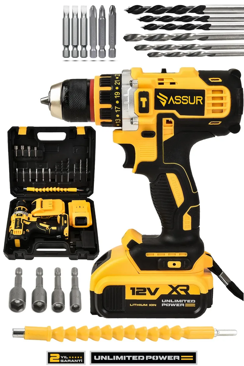 ASSUR 12V 10mm Mandren Çift Akülü Çelik Şanzıman Matkap Akülü Vidalama