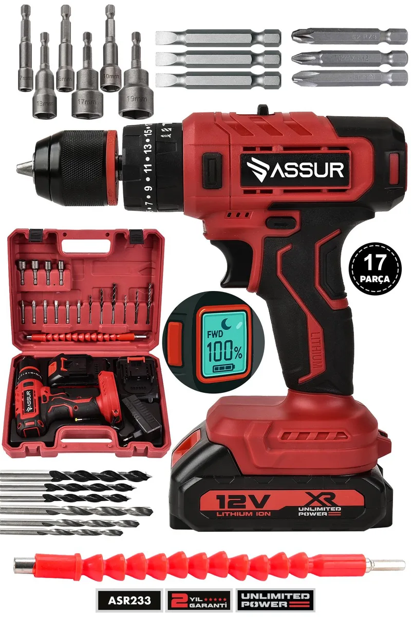 ASSUR 12V 10mm Mandren Çift Akülü Darbeli Matkap Dijital Göstergeli Akülü Vidalama