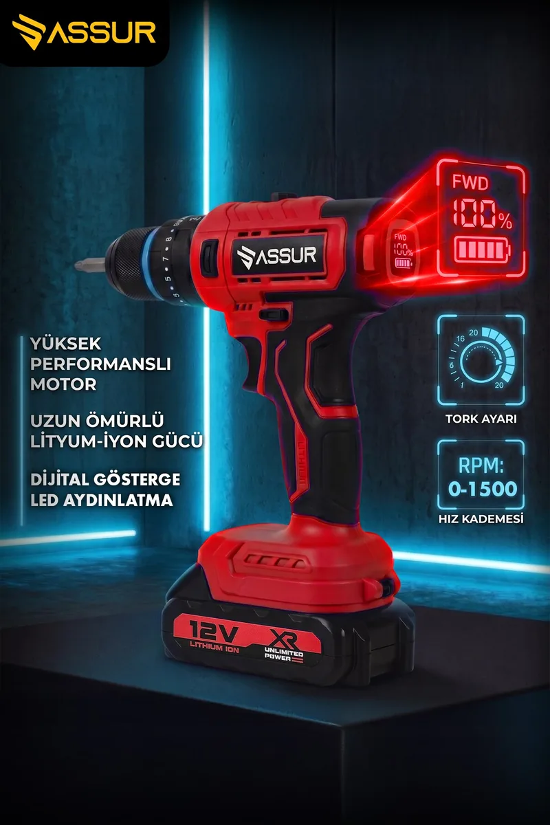 ASSUR 12V 10mm Mandren Çift Akülü Darbeli Matkap Dijital Göstergeli Akülü Vidalama - Görsel 2