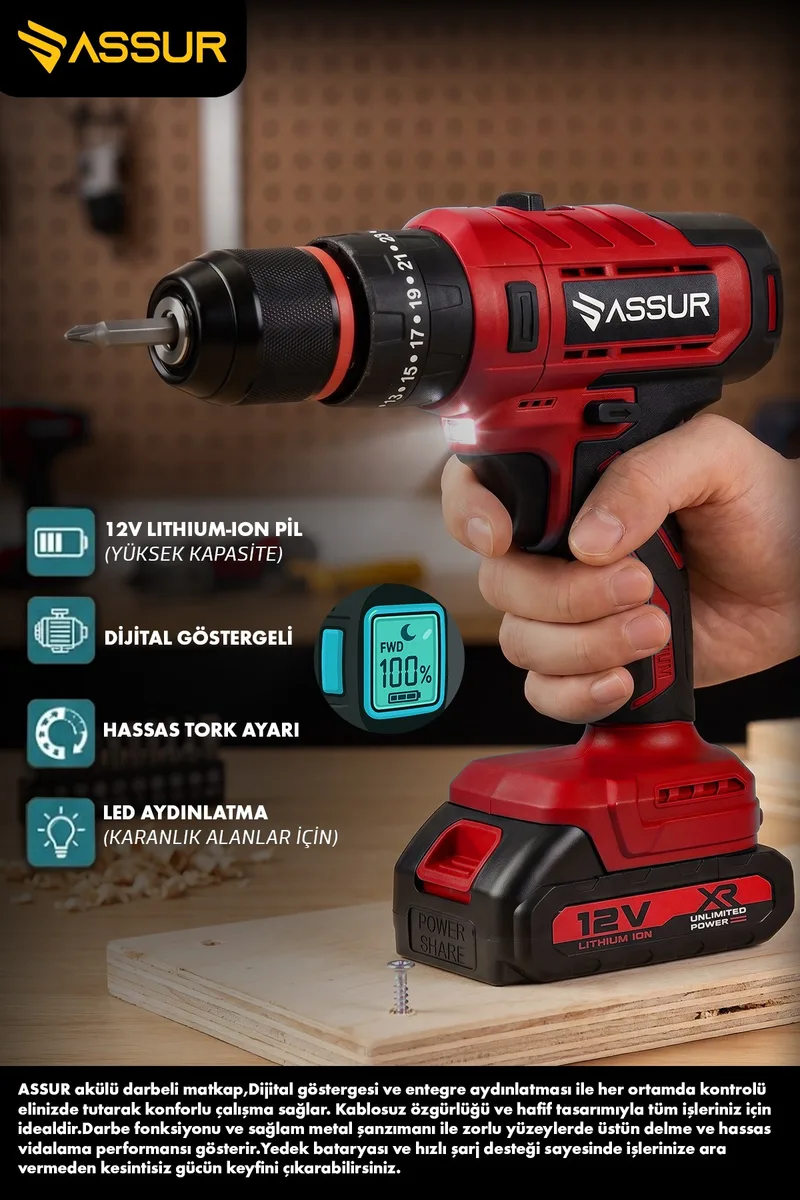 ASSUR 12V 10mm Mandren Çift Akülü Darbeli Matkap Dijital Göstergeli Akülü Vidalama - Görsel 3