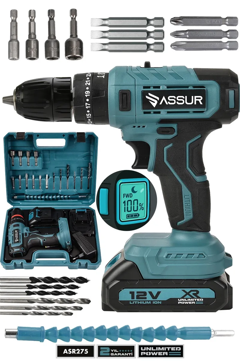 ASSUR 12V 10mm Mandren Çift Akülü Darbeli Matkap Dijital Göstergeli Akülü Vidalama - Görsel 8