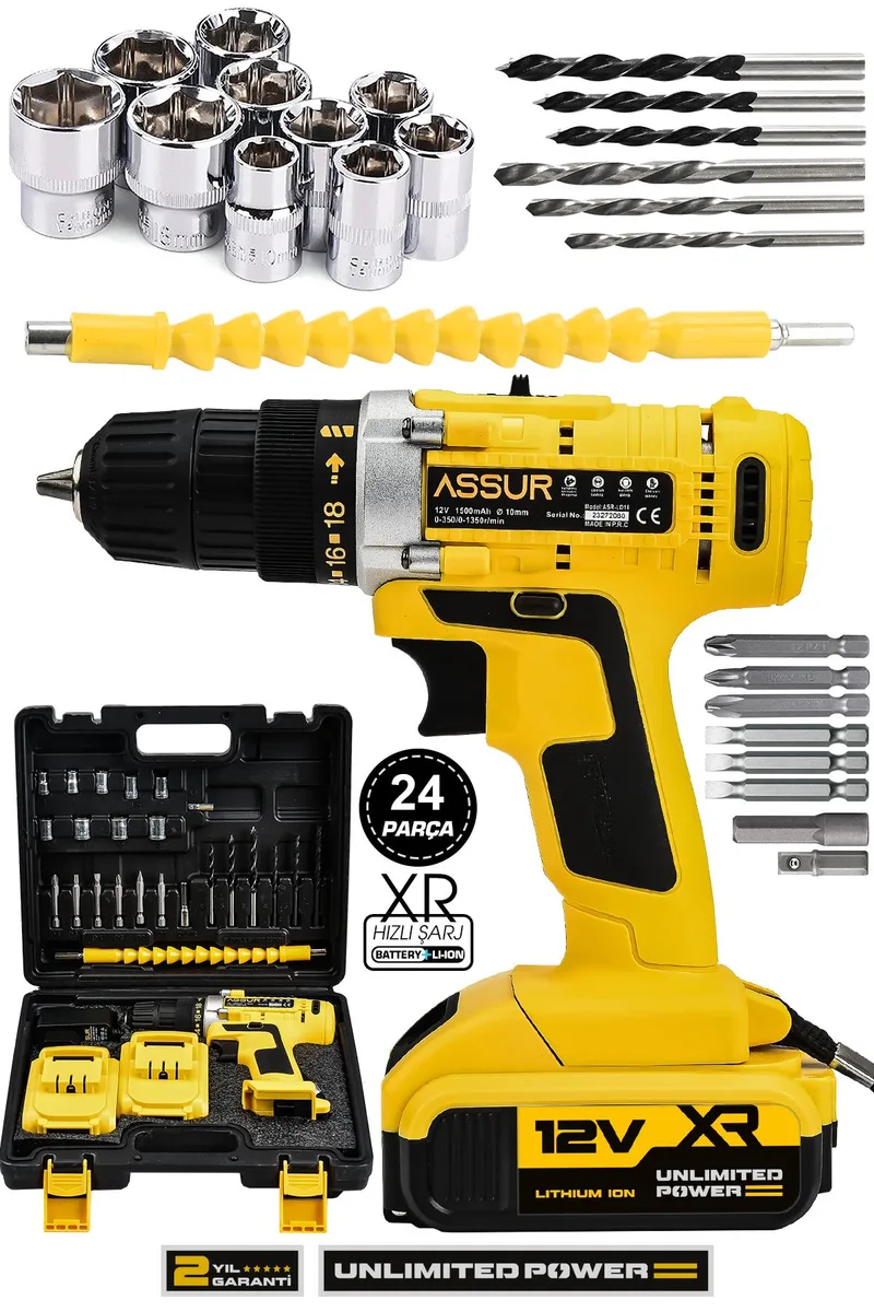 ASSUR 12V 10mm Mandren Çift Akülü Matkap Çelik Şanzıman Bakır Sargılı Akülü Vidalama - Görsel 4
