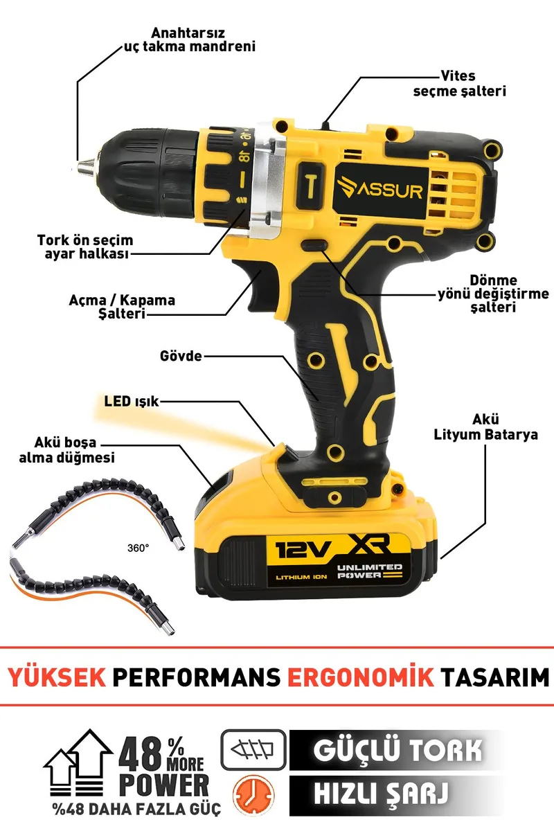 ASSUR 12V 10mm Mandren Çift Akülü Metal Şanzıman Matkap Akülü Vidalama - Görsel 2
