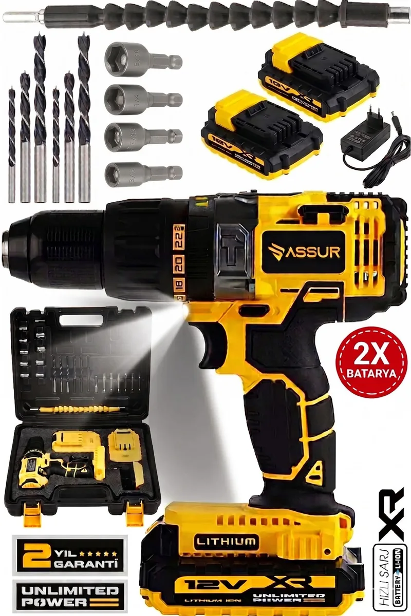 ASSUR 12V 10mm Mandren Darbeli 25 Nm Tork Çift Akülü Metal Şanzıman Akülü Vidalama Matkap