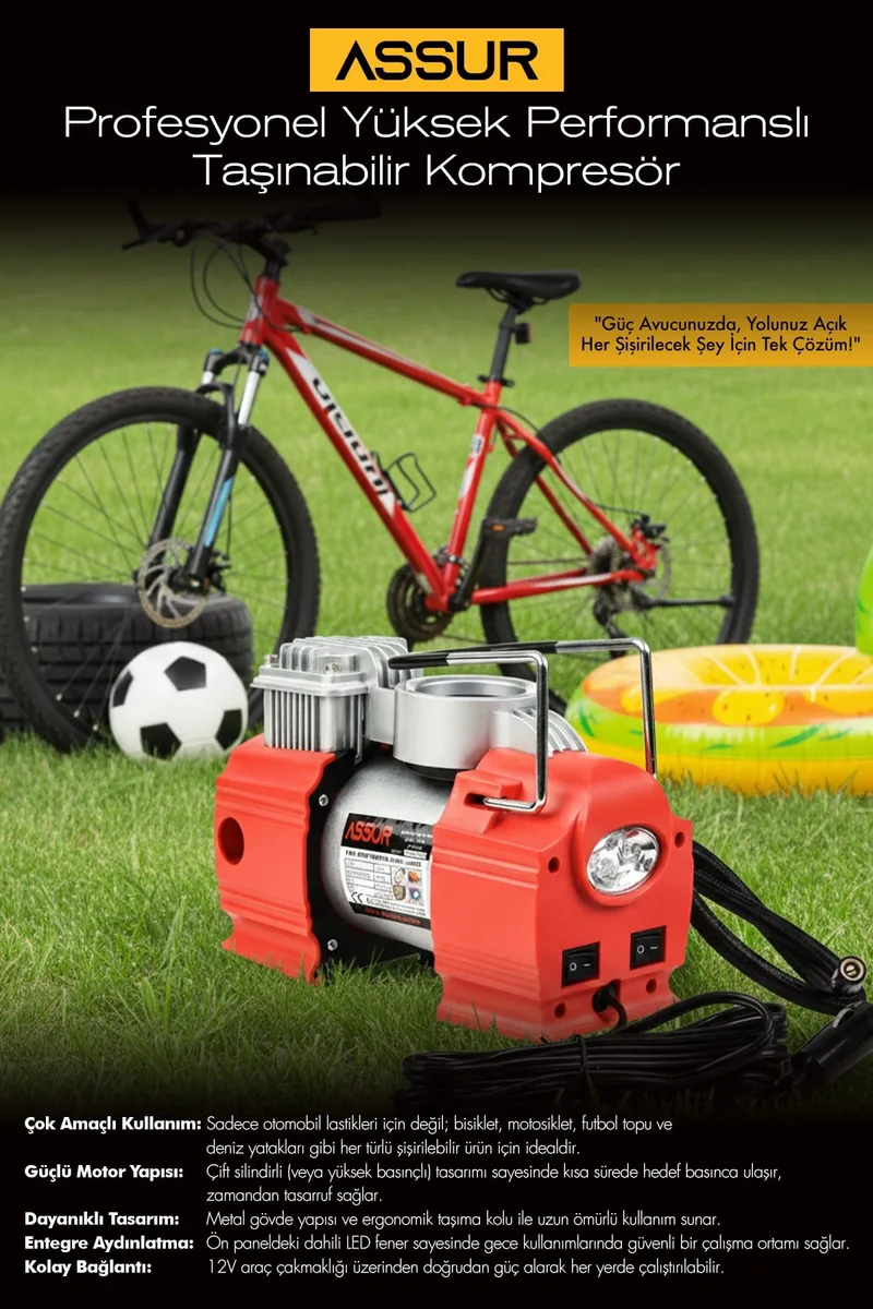 Assur 12v Çakmaklık Girişli 150 psi Mini Hava Kompresörü - Görsel 5