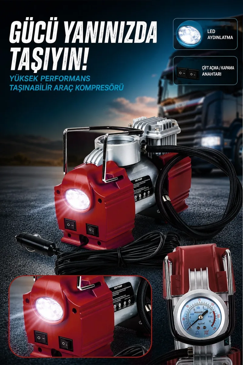Assur 12v Çakmaklık Girişli 150 psi Mini Hava Kompresörü - Görsel 6