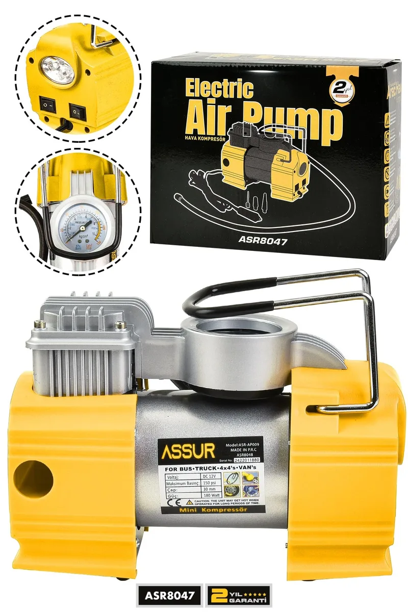 Assur 12v Çakmaklık Girişli 150 psi Mini Hava Kompresörü - Görsel 7