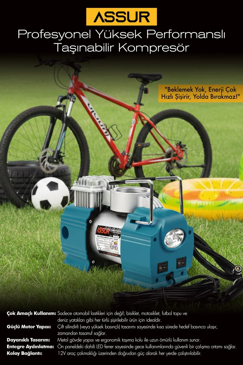 ASSUR 12V Çakmaklık Girişli 150 PSI Mini Hava Kompresörü - Görsel 2