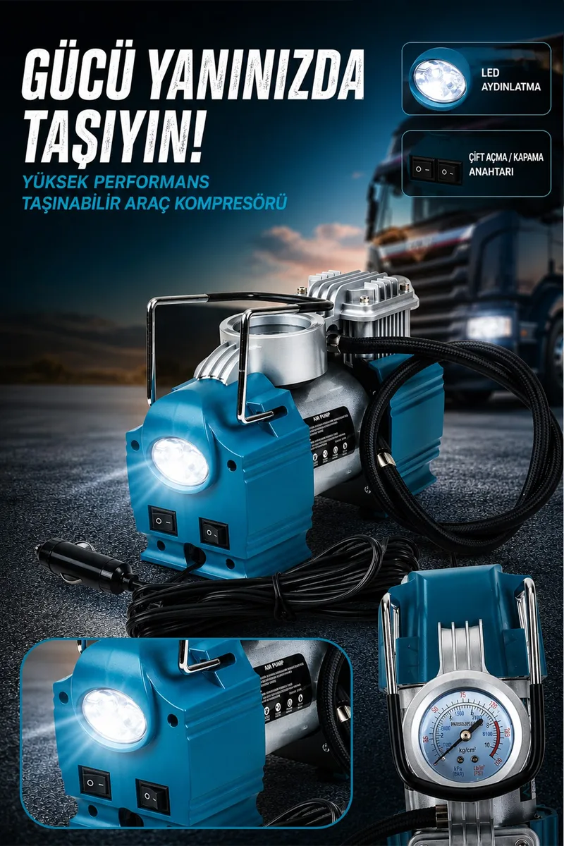 ASSUR 12V Çakmaklık Girişli 150 PSI Mini Hava Kompresörü - Görsel 3