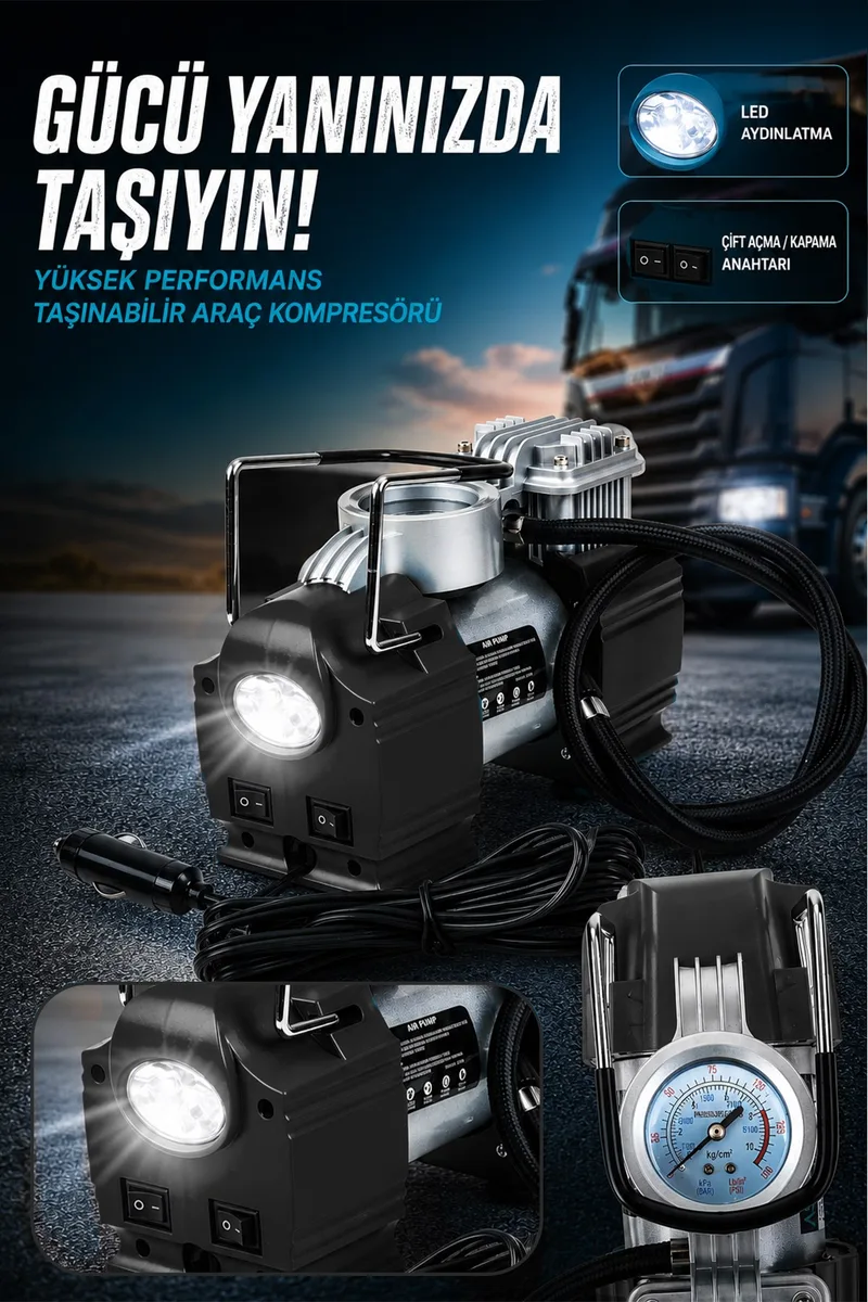 ASSUR 12V Çakmaklık Girişli 150 PSI Mini Hava Kompresörü - Görsel 7