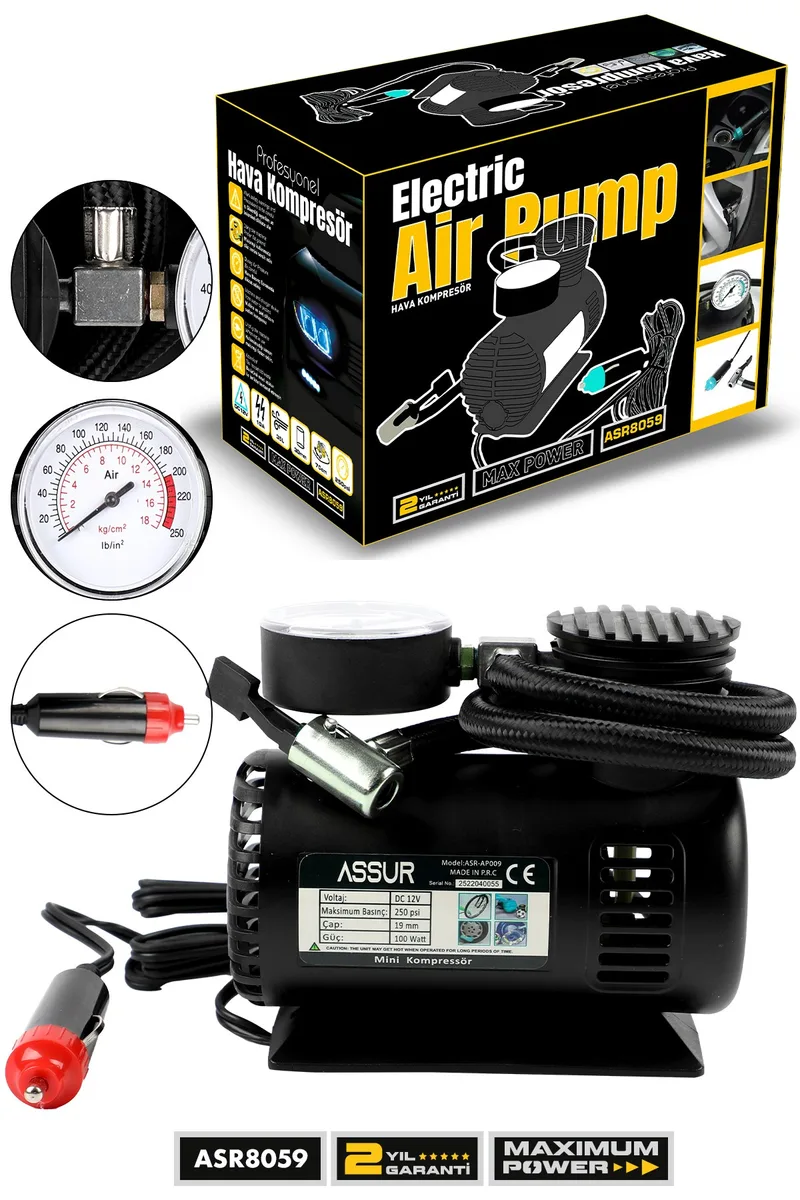 ASSUR 12V Çakmaklık Girişli 250 PSI Mini Hava Kompresörü 3 Metre Kablo Uzunluğu