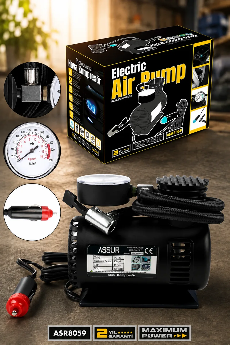 Assur 12v Çakmaklık Girişli Ledli 250 psi Mini Hava Kompresörü