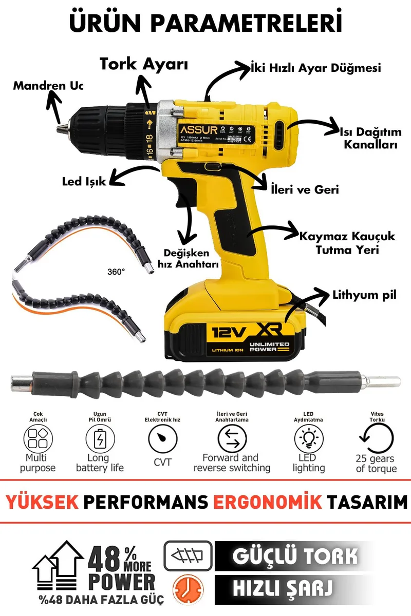Assur 12V Çelik Şanzıman Bakır Sargılı Şarjlı Matkap Çift Akülü Vidalama - Görsel 5