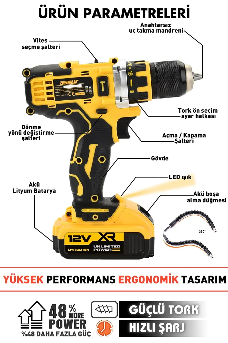 Assur 12V Çift Akü Şarjlı Matkap Metal Şanzıman Akülü Vidalama - Görsel 4
