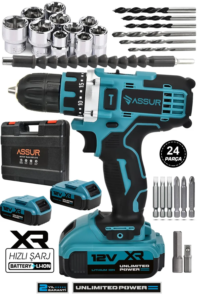 Assur 12V Çift Akü Şarjlı Matkap Metal Şanzıman Akülü Vidalama - Görsel 8