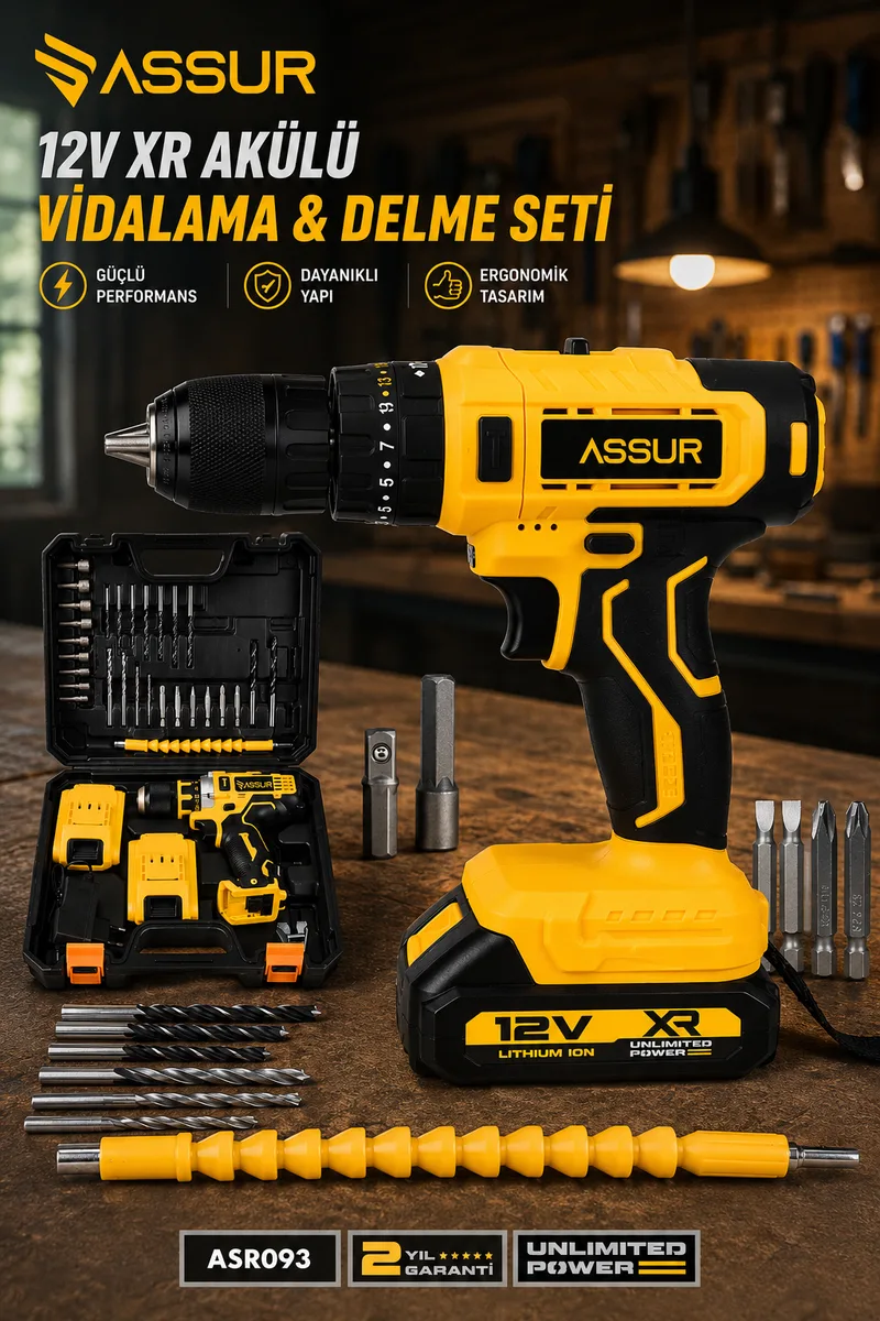 Assur 12V Çift Akü Şarjlı Matkap Metal Şanzıman Bakır Sargılı Akülü Vidalama