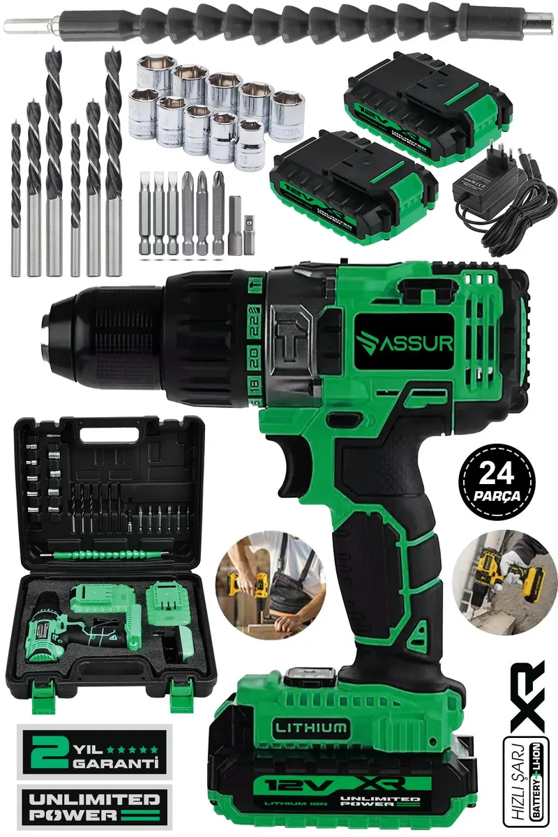ASSUR 12V Çift Akülü Bakır Sargı Metal Şanzıman Matkap Akülü Vidalama