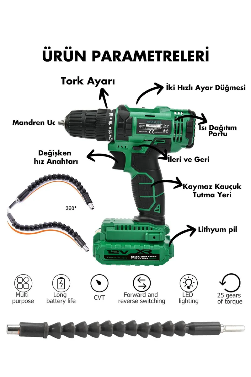 ASSUR 12V Çift Akülü Bakır Sargı Metal Şanzıman Matkap Akülü Vidalama - Görsel 2