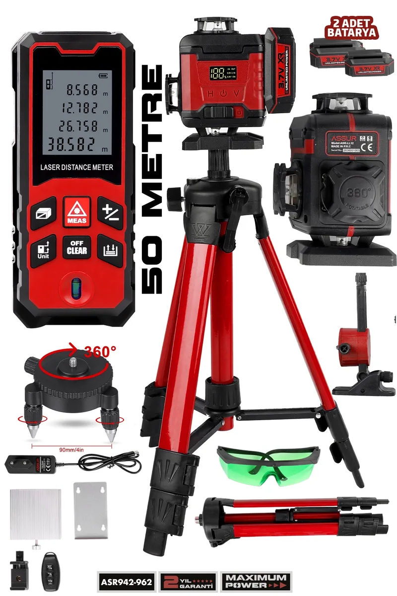 ASSUR 12V Çift Akülü Lazer Metre + 360 Derece 16 Köşe Otomatik Hizalama Tripod'lu Lazer Hizalama