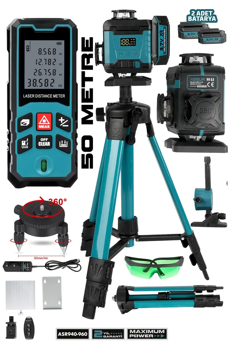 ASSUR 12V Çift Akülü Lazer Metre + 360 Derece 16 Köşe Otomatik Hizalama Tripod'lu Lazer Hizalama - Görsel 3