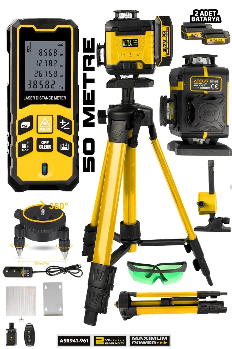 ASSUR 12V Çift Akülü Lazer Metre + 360 Derece 16 Köşe Otomatik Hizalama Tripod'lu Lazer Hizalama - Görsel 5