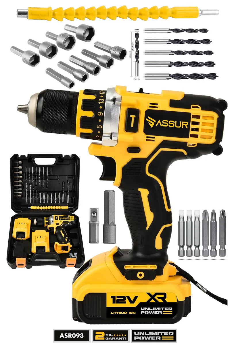 ASSUR 12V Çift Akülü Matkap Metal Şanzıman Bakır Sargılı Akülü Vidalama