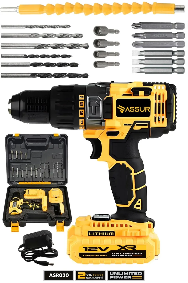 Assur 12V Çift Akülü Metal Şanzıman Bakır Sargı Akülü Vidalama Şarjlı Matkap - Görsel 3