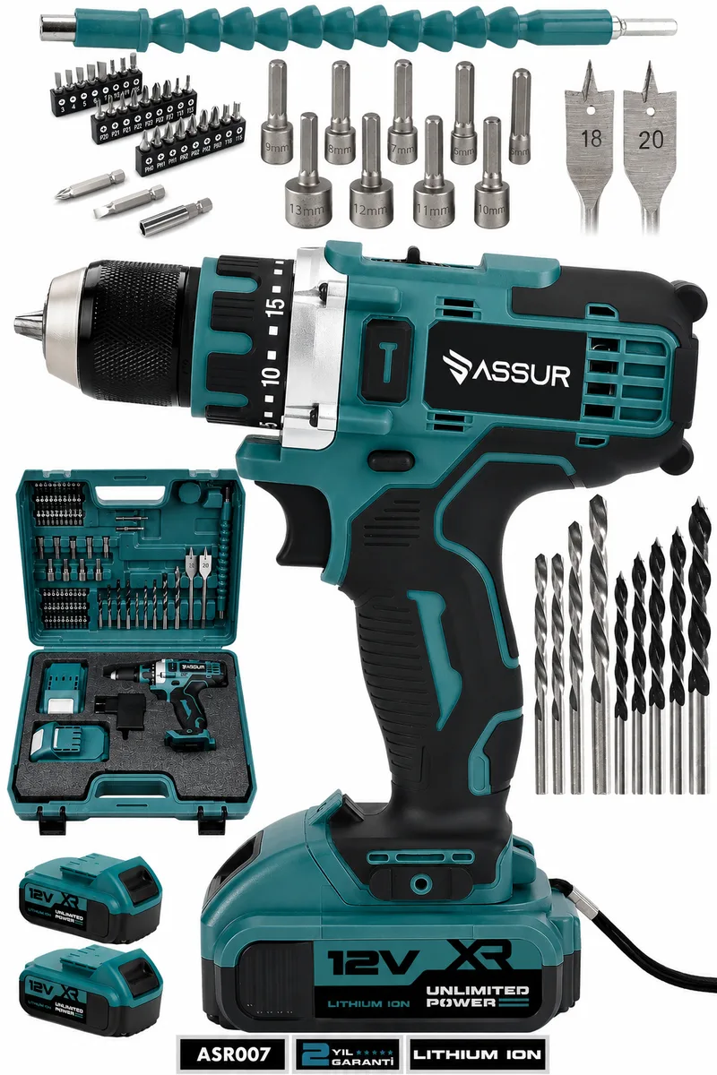 Assur 12V Çift Akülü Metal Şanzıman Bakır Sargılı Şarjlı Matkap