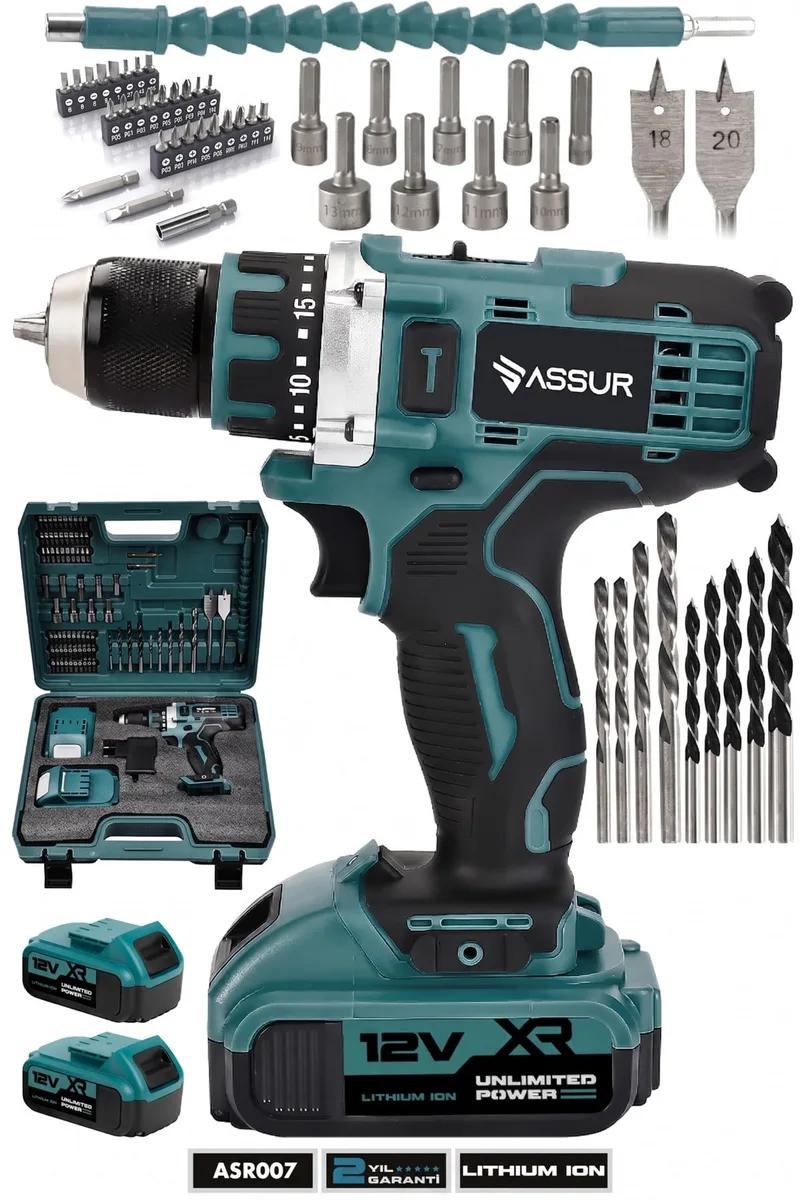 Assur 12V Çift Akülü Metal Şanzıman Bakır Sargılı Şarjlı Matkap Vidalama