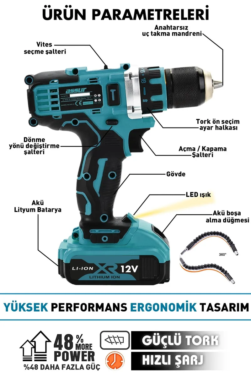 Assur 12V Çift Akülü Metal Şanzıman Bakır Sargılı Şarjlı Matkap Vidalama - Görsel 4