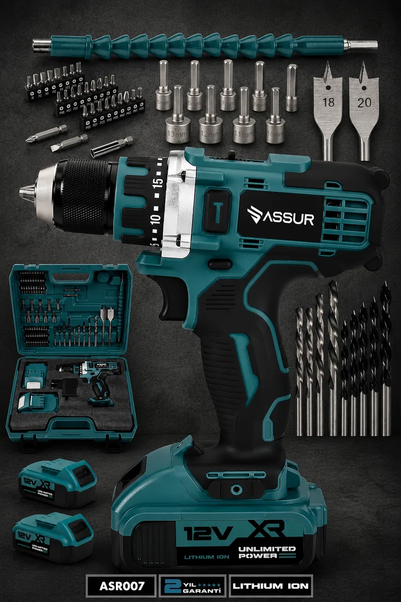 Assur 12V Çift Akülü Metal Şanzıman Şarjlı Matkap Akülü Vidalama