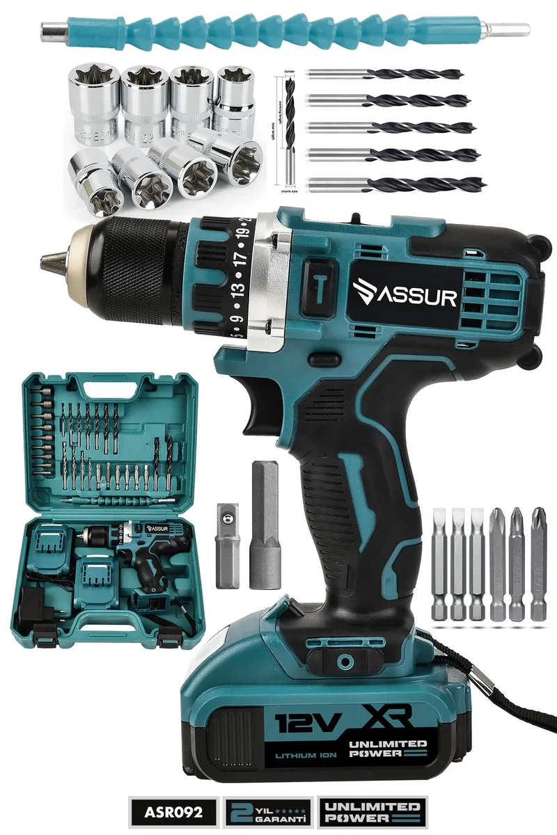 ASSUR 12V Çift Akülü Vidalama Çelik Mandren Bakır Sargılı Matkap