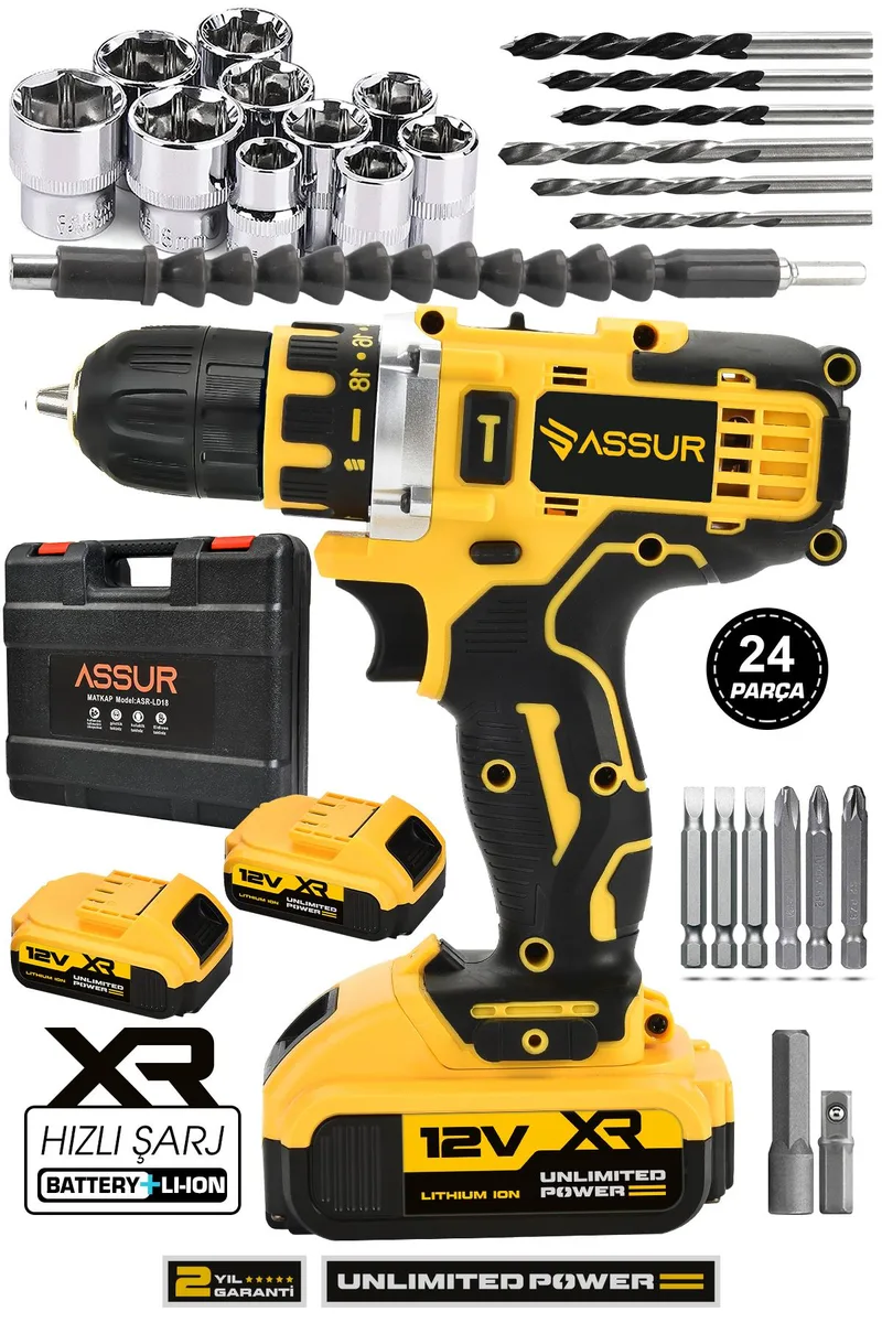 Assur 12V Çift Akülü Vidalama Metal Şanzıman Şarjlı Matkap