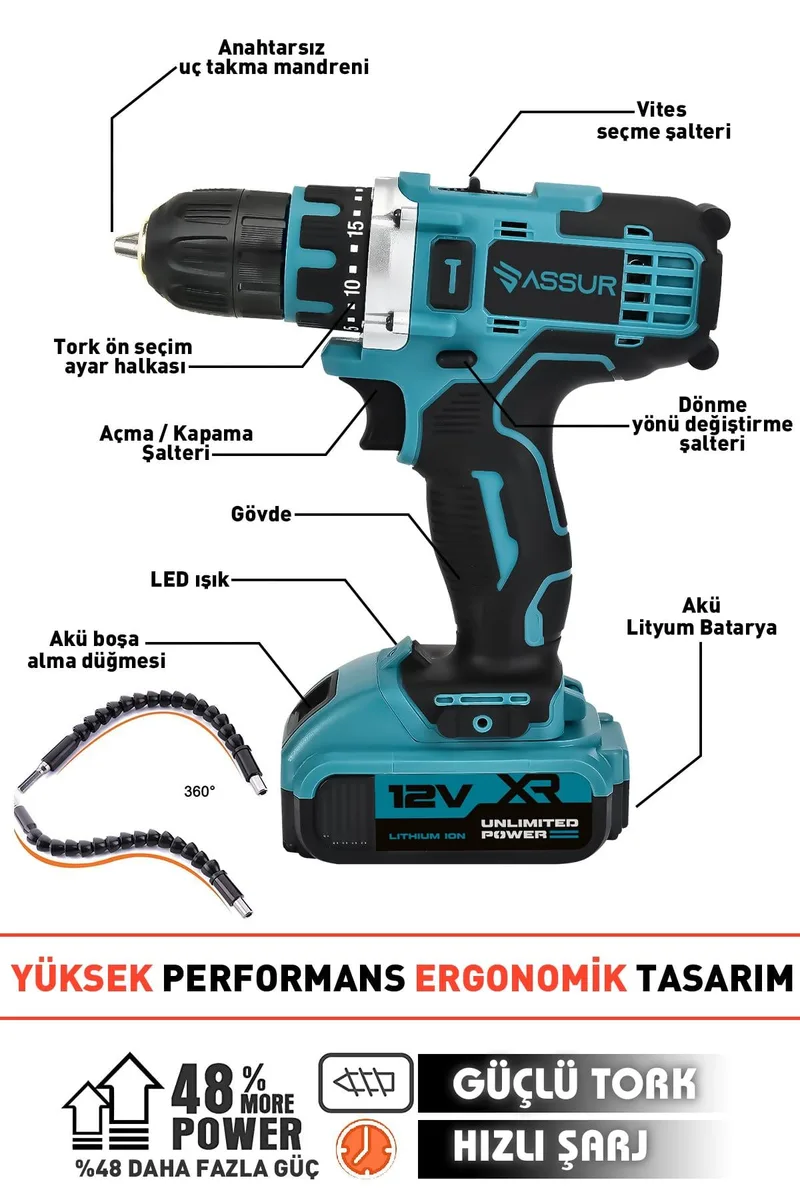 Assur 12V Çift Akülü Vidalama Metal Şanzıman Şarjlı Matkap - Görsel 7