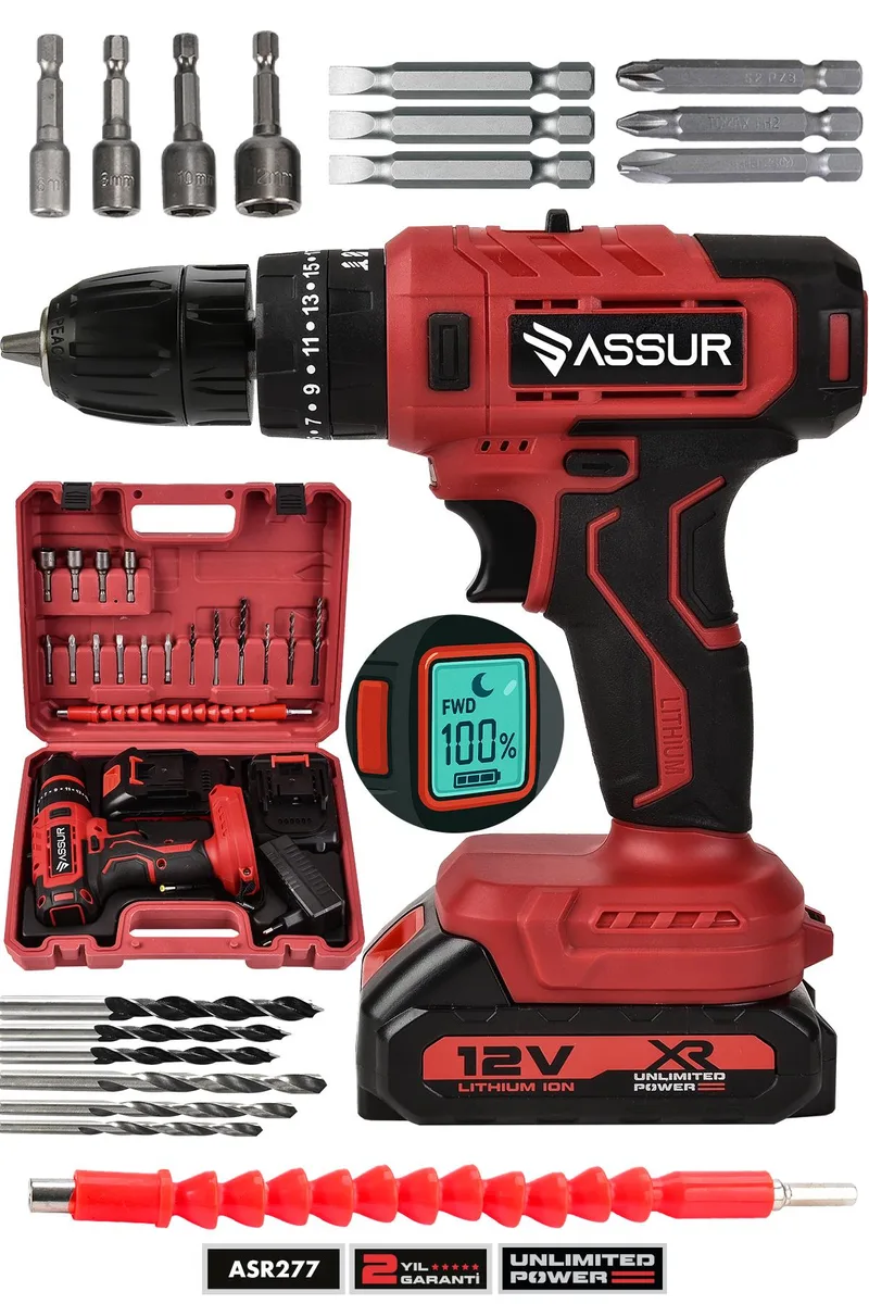 Assur 12V Darbeli Şarjlı Matkap Dijital Göstergeli Akülü Vidalama
