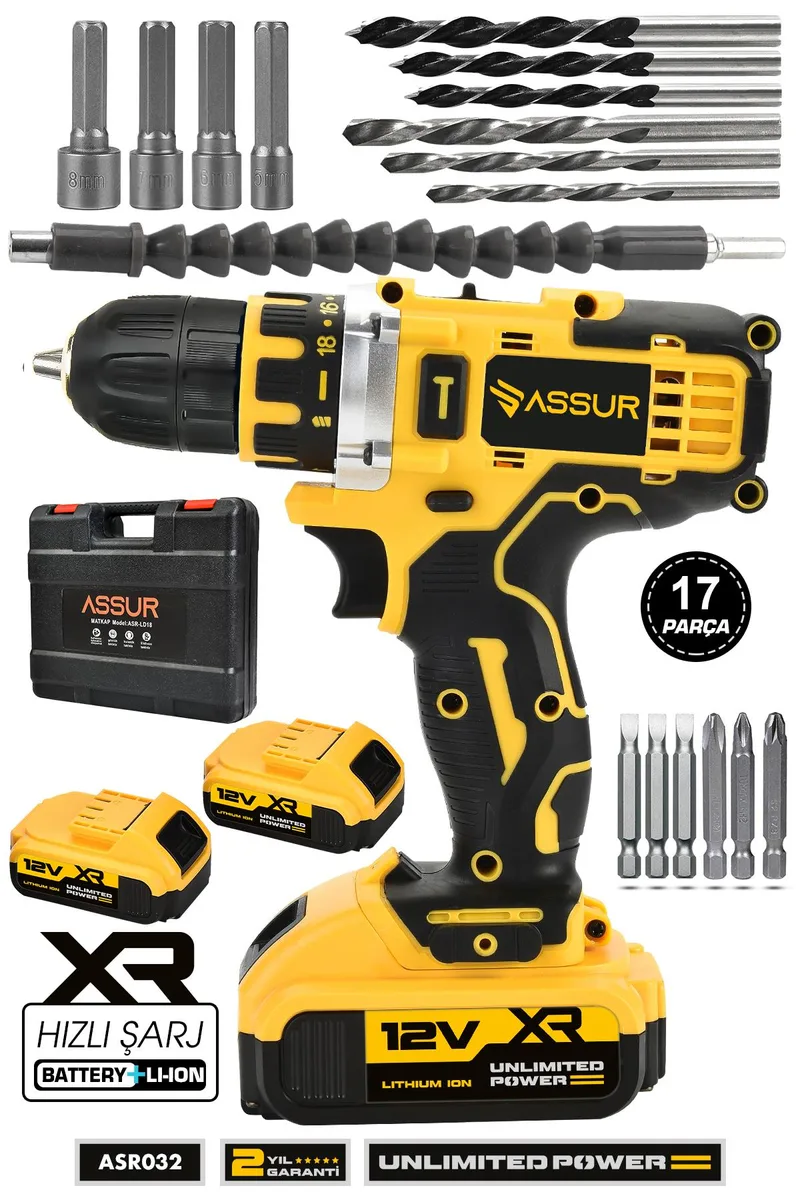 Assur 12V Metal Şanzıman Çift Akülü Bakır Sargı Şarjlı Matkap Akülü Vidalama