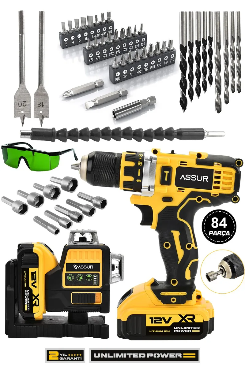 ASSUR 12V Profesyonel Çift Akülü 12 Köşe 360 Derece Lazer Hizalama Ve Akülü Vidalama Set