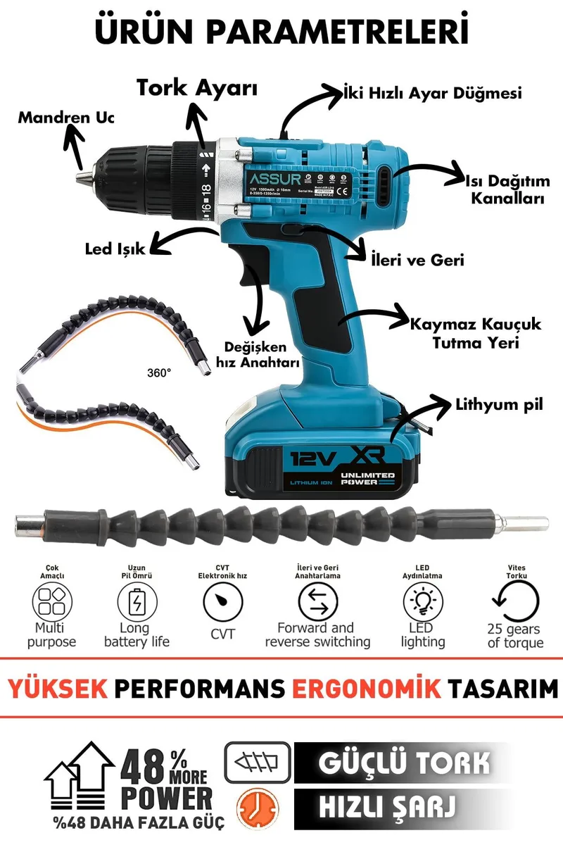 Assur 12V Şarjlı Matkap Çelik Şanzıman Bakır Sargılı Akülü Vidalama - Görsel 2