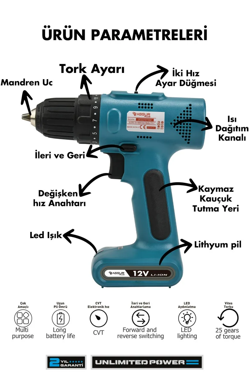 Assur 12V Type-C USB Şarjlı Akülü Vidalama Dahili Batarya Matkap - Görsel 2