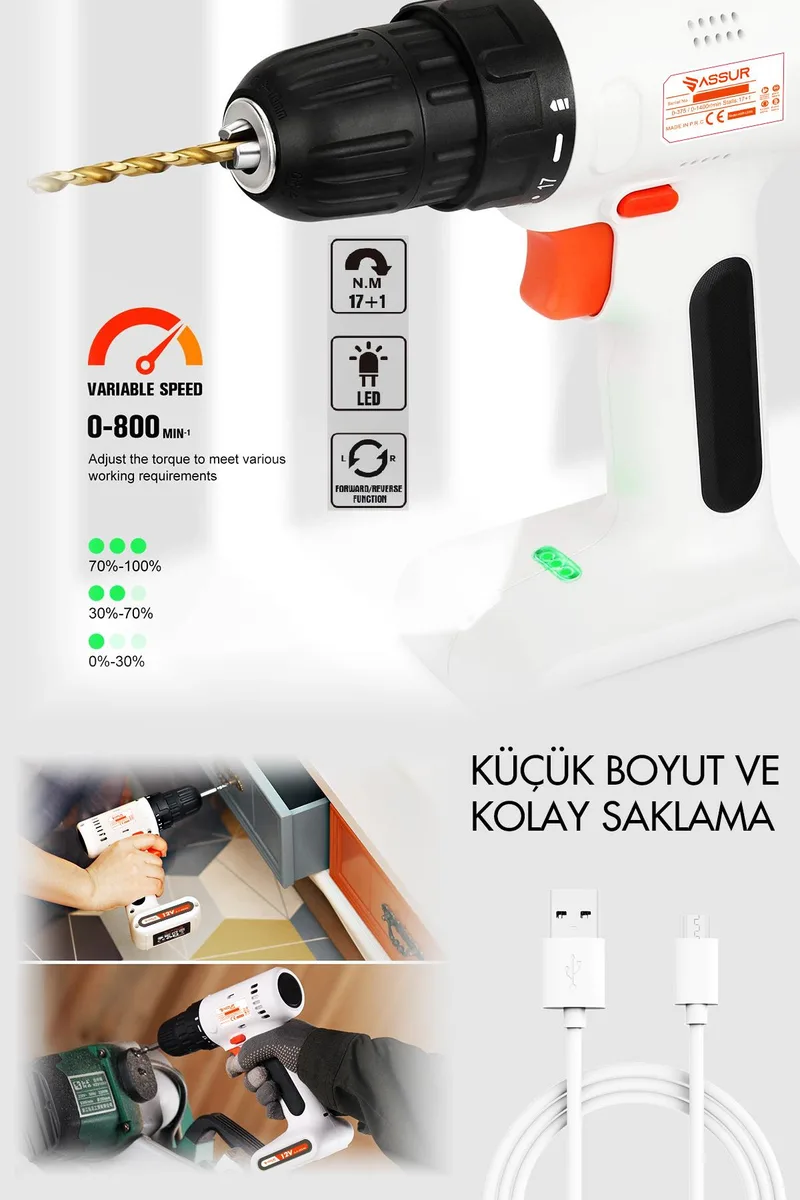 Assur 12V Type-C USB Şarjlı Akülü Vidalama Dahili Batarya Matkap - Görsel 6
