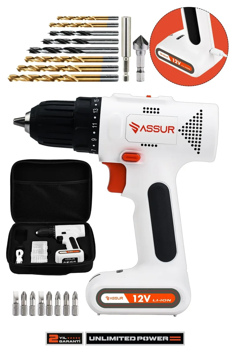 Assur 12V Type-C USB Şarjlı Matkap Dahili Batarya Akülü Vidalama