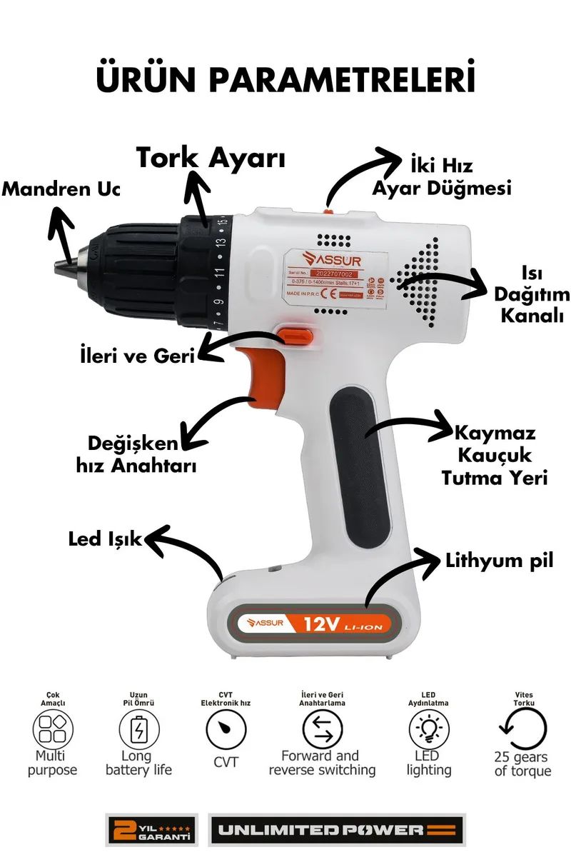 Assur 12V Type-C USB Şarjlı Matkap Dahili Batarya Akülü Vidalama - Görsel 6